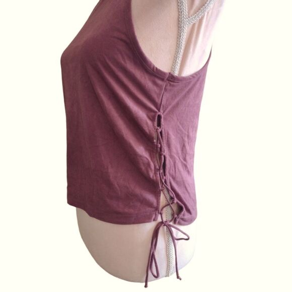 AEO Mauve Suede High Neck Lace Up Sides Crop Tank Top Large - Picture 8 of 16